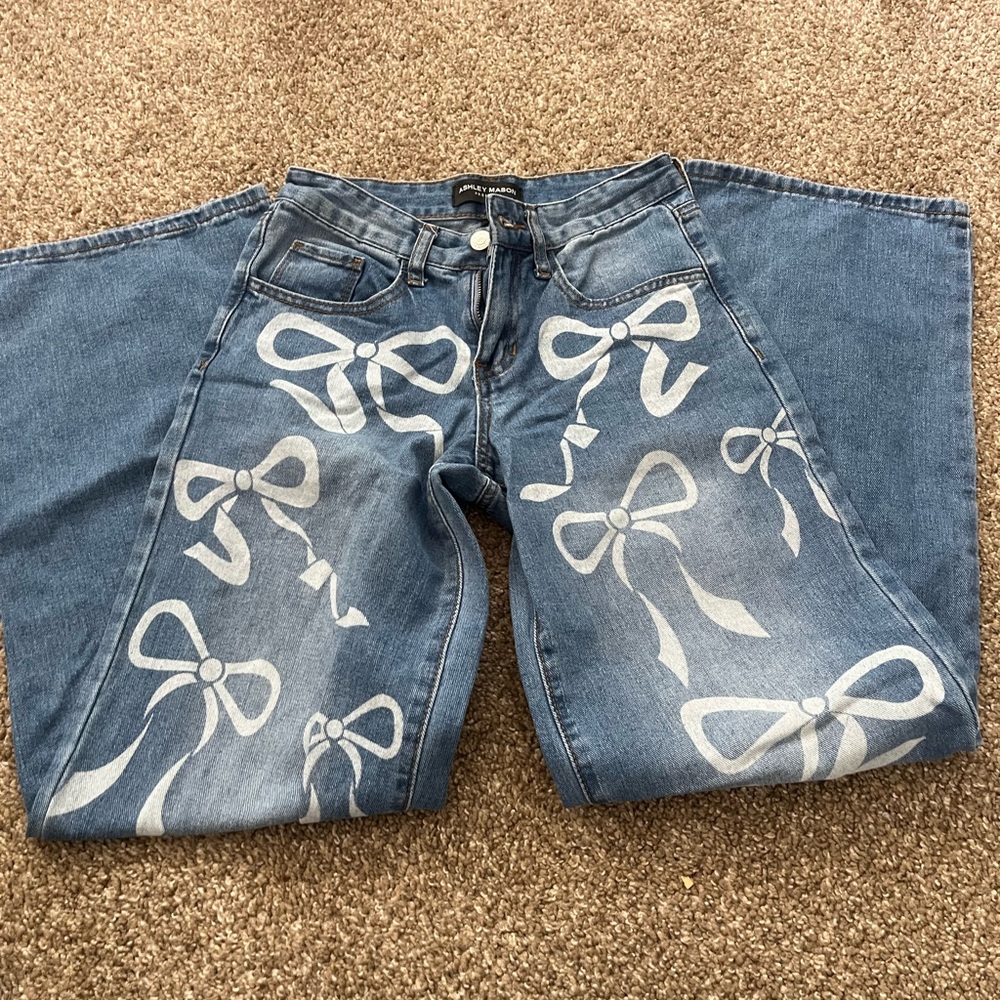 Ashley Mason Blue Flare Jeans with Bow Design